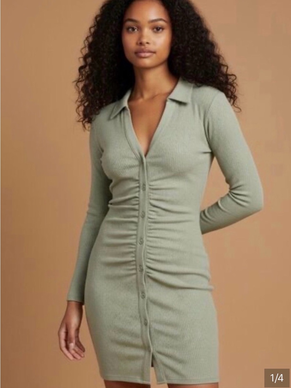 Abercrombie & Fitch Ribbed Button Front Mini Dress | Sage Green | Size Large